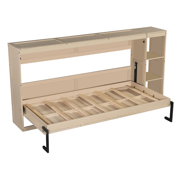 English Elm Twin Space-Saving Murphy Bed with Bookshelf and Fold-Down Desk, LVL/MDF, Compact Modern Design Natural GX002221AAN