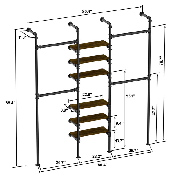 English Elm Industrial Pipe Clothing Rack - Wall-Mounted Heavy-Duty Garment Storage System With Adjustable Shelves T3210P392614