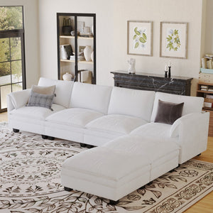 English Elm 141.5'' Large U-Shaped 6-Seater Sofa Couch With Movable Ottoman & Armrest Pockets For Modern Living W680S00041