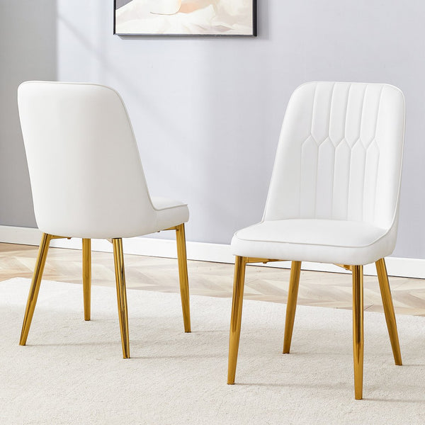 English Elm 2 Modern Dining Chairs White Gold PU Cushion Ergonomic Curved Back Metal Legs Adjustable Pads W1151P250114