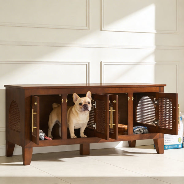 English Elm Lars Rubberwood Rattan Dog Crate Cabinet Stylish Pet Kennel for Living Room Walnut N775P397560W