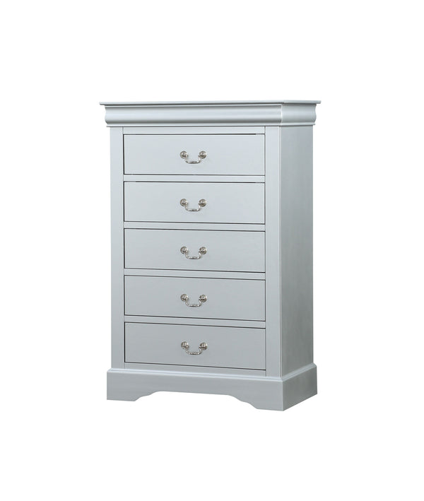 English Elm Platinum Five-Drawer Chest with Sleek Metal Handles, Spacious Storage, Modern Luxury Finish B062P209039