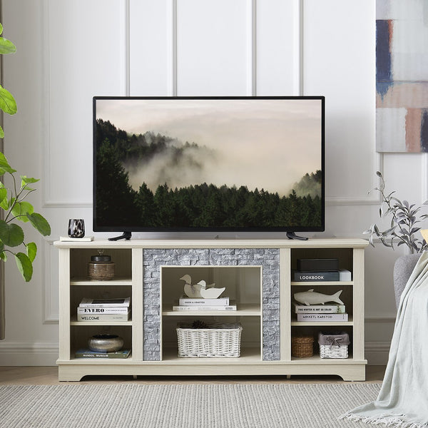 English Elm Mantel Stone TV Media Stand with Faux Stacked Stone Surround, Modern Console with Ample Storage and Cable Management for TVs up to 65" White W1758P187685