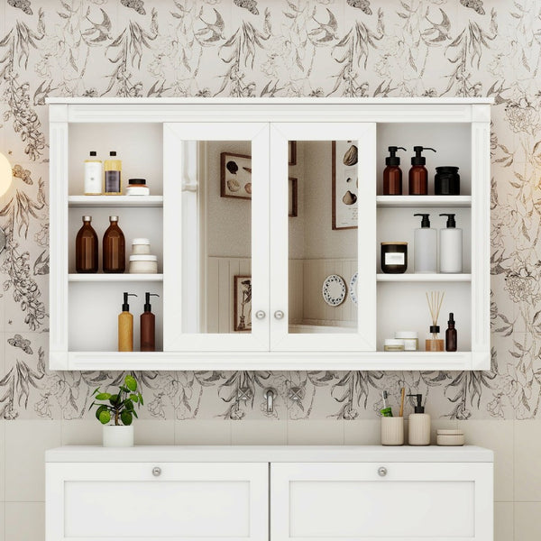 English Elm 47 Inch Wall Mounted Medicine Cabinet with Mirror Open Shelving and Adjustable Storage N710P363550K