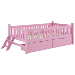 English Elm Wood Twin Platform Bed with Guardrail, Solid Pine Construction, 2 Underbed Drawers for Storage and Playroom Space Pink N709P242145H