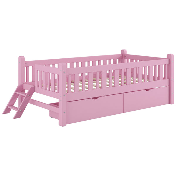 English Elm Wood Twin Platform Bed with Guardrail, Solid Pine Construction, 2 Underbed Drawers for Storage and Playroom Space Pink N709P242145H