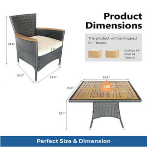English Elm 5-piece Outdoor Dining Set Pe Rattan Armchairs with Acacia Wood Square Table Gray B082S00067