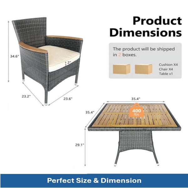 English Elm 5-piece Outdoor Dining Set Pe Rattan Armchairs with Acacia Wood Square Table Gray B082S00067