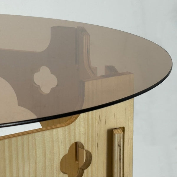 English Elm Round Carved Wood Base Coffee Table with Tea Glass Top for Modern Living Rooms W3935P481195