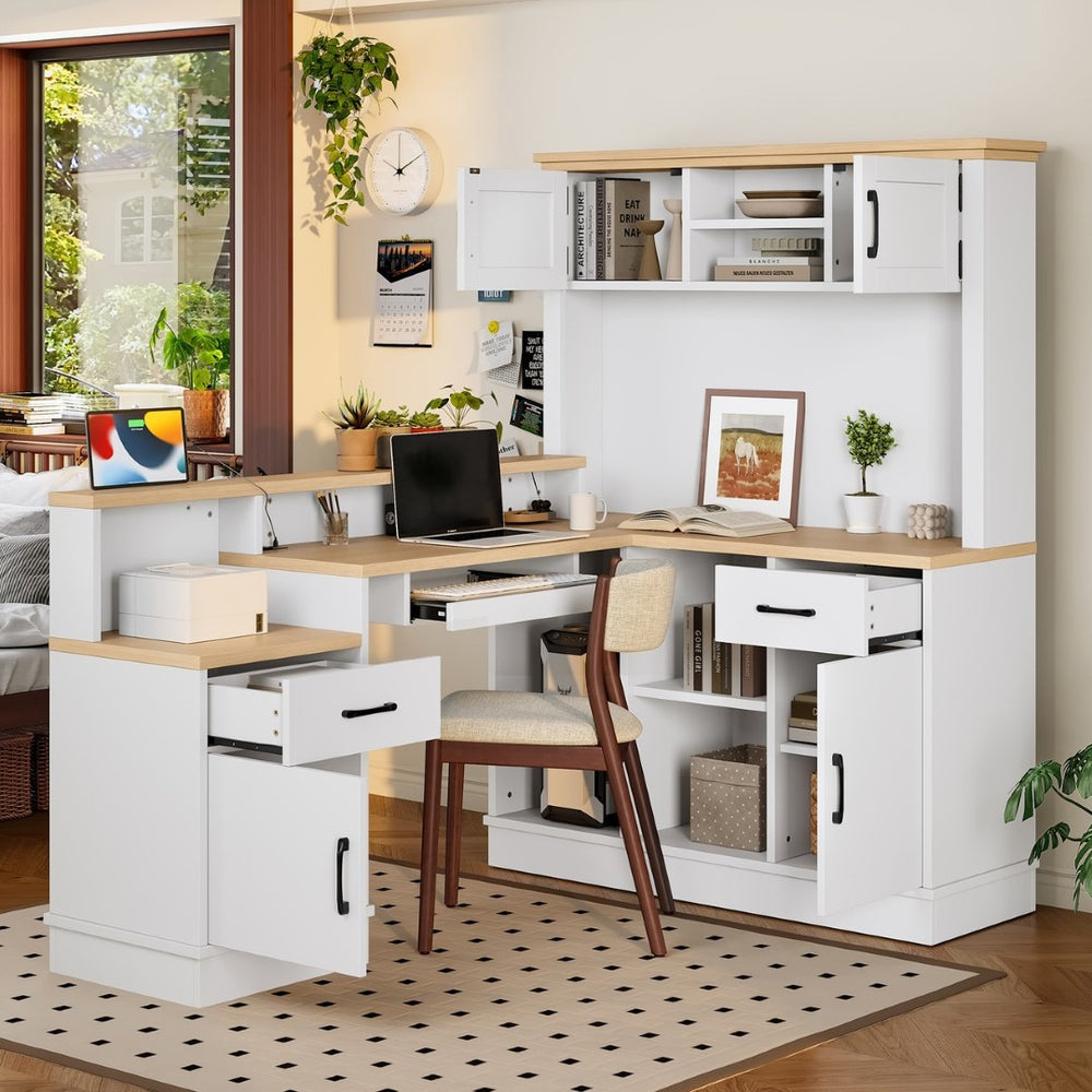 English Elm L-shaped Corner Computer Desk with Built-in Outlets Drawers and Open Shelving Storage W1580S00269