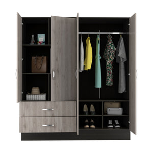 English Elm Gangi Modern 4-Door Armoire with Mirrors, 10 Shelves, 2 Drawers & Hanging Rod for Organized Bedrooms Black+Grey 74.8 L x 23.62 W x 3.94 H B097S00228