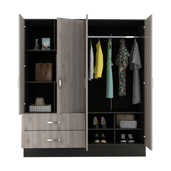 English Elm Gangi Modern 4-Door Armoire with Mirrors, 10 Shelves, 2 Drawers & Hanging Rod for Organized Bedrooms Black+Grey 74.8 L x 23.62 W x 3.94 H B097S00228