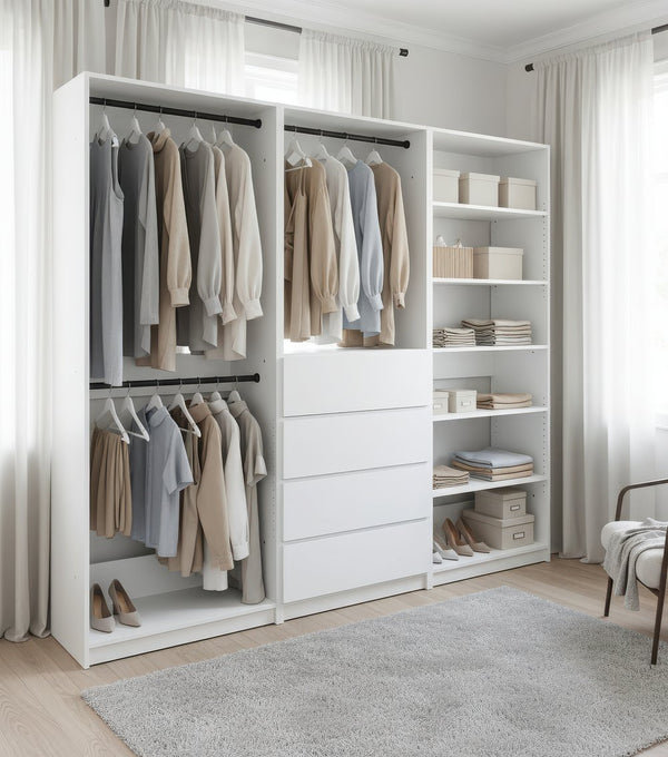 English Elm Prosper Freestanding White Walk-In Wood Closet System with Oak Finish, Ample Modular Storage & Easy Assembly B040S00142