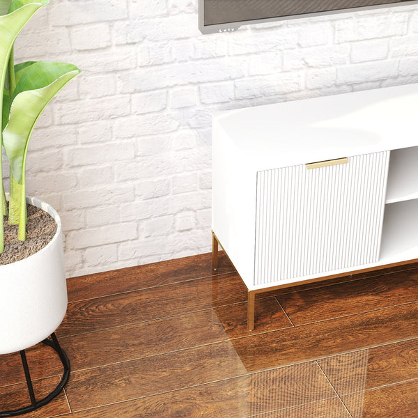 English Elm Modern TV Stand White Gold with Wave-Design Doors, Open Center Shelf, Adjustable Inner Shelf, Chic Legs W3151P288928