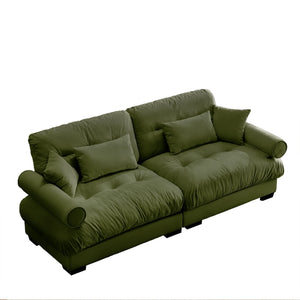 English Elm Large Velvet Two-Seater Sofa with Bolstered Armrests, Deep Cloud Seat, Waist & Throw Pillows, Chic Olive Green W714S01104
