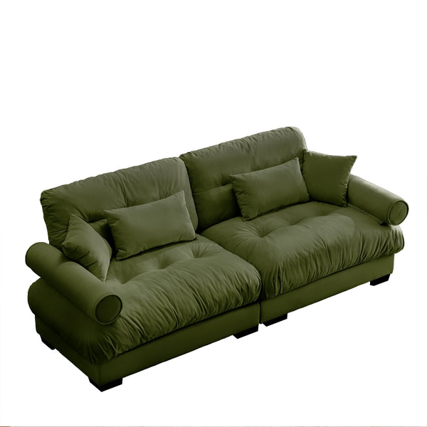 English Elm Large Velvet Two-Seater Sofa with Bolstered Armrests, Deep Cloud Seat, Waist & Throw Pillows, Chic Olive Green W714S01104