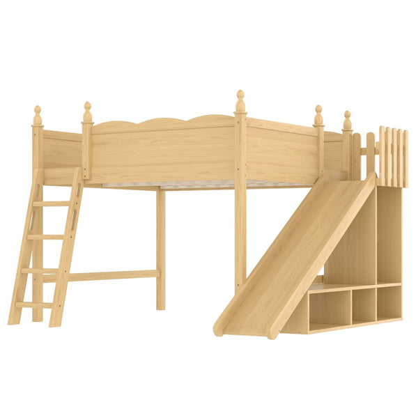 English Elm Queen Loft Bed With Detachable Slide, Storage Shelves & Cabinet - Solid Wood For Fun & Space Savvy! W1580S00250-GIGA