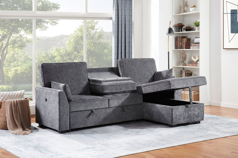 English Elm Emmy 89"W Dark Gray Fabric Sleeper Sectional with Reversible Storage Chaise, USB & Cupholders, Pillows B061S00930