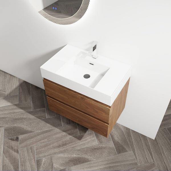 English Elm 30" Wall-Mounted Bathroom Vanity With Resin Sink, Soft-Close Drawers & Eco-Friendly Design Options W999S00200