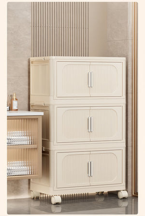English Elm Cream White 5-Tier Folding Storage Cabinet With Magnetic Door & Wheels – Versatile Space-Saving Solution W2873P239386