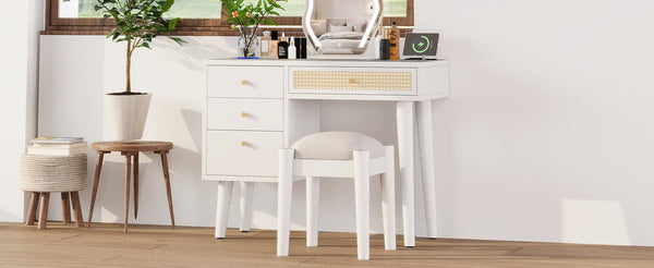 English Elm 39" Retro Bohemian Makeup Vanity Set with Rattan Drawers, USB Charging Port, Cushioned Stool, 4-Drawer Storage White 44.1 L x 18.75 W x 10.5 H N733P180011K