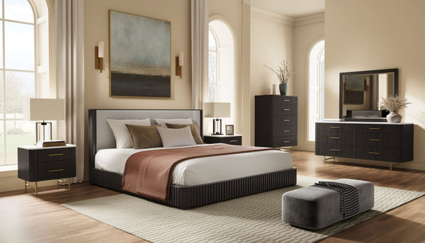 English Elm Clayten Upholstered Eastern King Bed Linen Headboard Espresso Wood Bedroom Frame B2756S00018