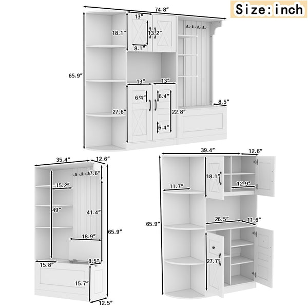 English Elm Multifunctional Modular Hall Tree Cabinet with Open Shelves and Hooks for Entryway White W1580S00519