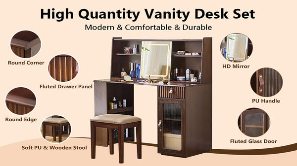 English Elm Elegant Walnut Makeup Vanity with Sliding 3-Color LED Mirror, Large Shelves, Fluted Drawer & Cabinet N844P257533W