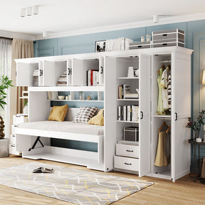 English Elm Twin Murphy Wall Bed with Integrated Desk Wardrobe and Storage Cabinet in White LP000767AAK