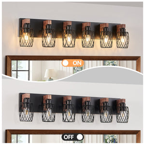 English Elm 38" Industrial Vintage 6-Light Wall Sconce Black Cage with Walnut Wood Accents for Bathroom Hallway Loft Ambience W2312P374840