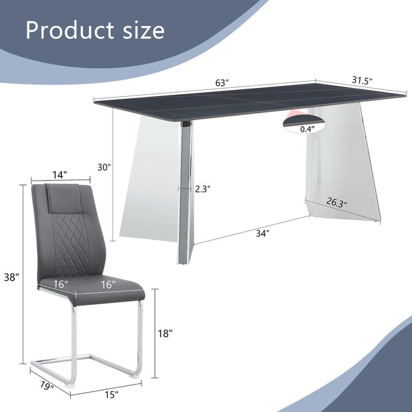 English Elm Table And Chair Set - Luxurious Black Marble-Patterned Top With Stylish Stainless Steel Legs & 4 Pu Chairs W1151S01961-GIGA