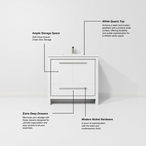 English Elm White Bath Vanity 36" With Quartz Top & Gun Metal Faucet - Modern Design, Organized Storage, Durable Finish B2731P259371-GIGA