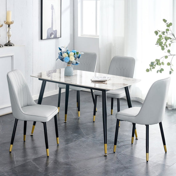 English Elm Table 5-Piece Set: Elegant White Sintered Stone Dining Table With 4 Gray Pu Chairs & Metal Legs W1151S04207-GIGA
