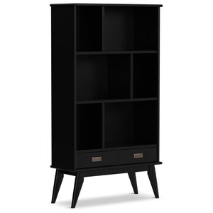 English Elm Draper Mid-Century Wide Bookcase & Storage Unit — Solid Rubberwood Black Finish, 6 Shelves, 2 Drawers, Anti-Tip B136P238616