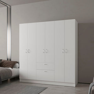 English Elm White 6-Door Wardrobe with Shelf and Drawer — Spacious White Storage Armoire with Drawers, Timeless Design B062S00628
