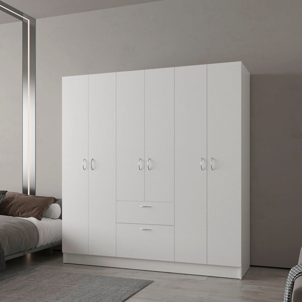 English Elm White 6-Door Wardrobe with Shelf and Drawer — Spacious White Storage Armoire with Drawers, Timeless Design B062S00628