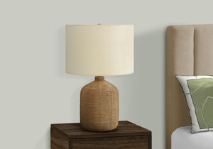 English Elm Lighting, Rattan Ginger Jar Table Lamp 23"H with Beige Drum Shade, 3-Way Dimmer, Brown Finish B2710P221326