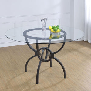 English Elm Marina Round Glass Top Dining Table with Sculptural Gunmetal Base Seats Four B062S01809