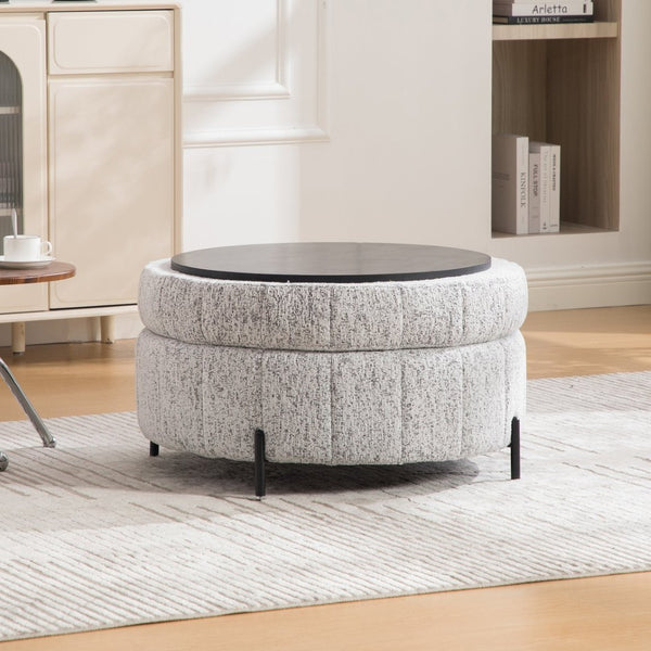 English Elm 31.3"w Chenille Channel Tufted Round Storage Ottoman Sculptural Pumpkin Seat for Any Room Black White W3118P439476