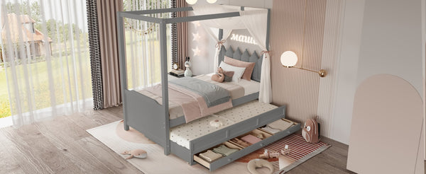 English Elm Full Bunk Bed with Trundle Bookshelf Storage Pine Frame Car Design for Kids W1580S00316