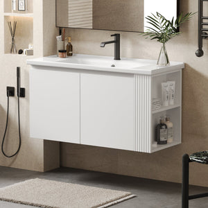 English Elm Christopher Knight Home® - 36" Modern Wall-Mounted Bathroom Vanity with Ceramic Sink, Soft-Close Doors, Fluted Accent & Open Shelves White N817P245322W