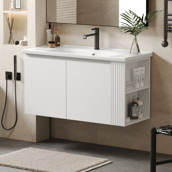 English Elm Christopher Knight Home® - 36" Modern Wall-Mounted Bathroom Vanity with Ceramic Sink, Soft-Close Doors, Fluted Accent & Open Shelves White N817P245322W