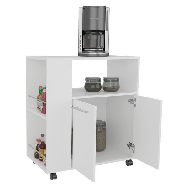 English Elm FM Linden Kitchen Cart with Microwave Shelf, Open Storage, Two-Door Cabinet on Casters for Space-Saving Organization White 35 L x 18 W x 6 H B128P283298