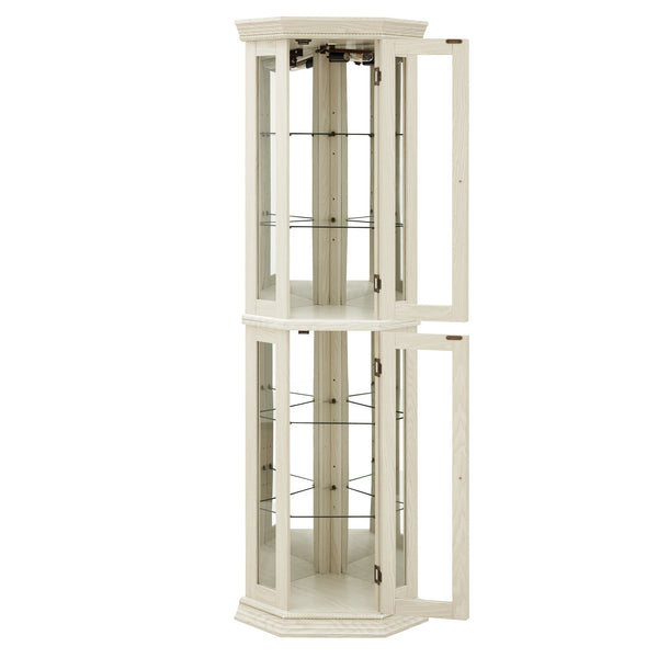 English Elm Lighted Corner Curio Cabinet - Elegant Glass Display With Adjustable Shelves & Bead Bulb Lighting - White W1758P300131