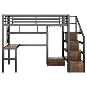 English Elm Full Size Loft Bed With Desk, Wardrobe & Led Light – Space-Saving Metal Design For Kids' Rooms! W2593S00019