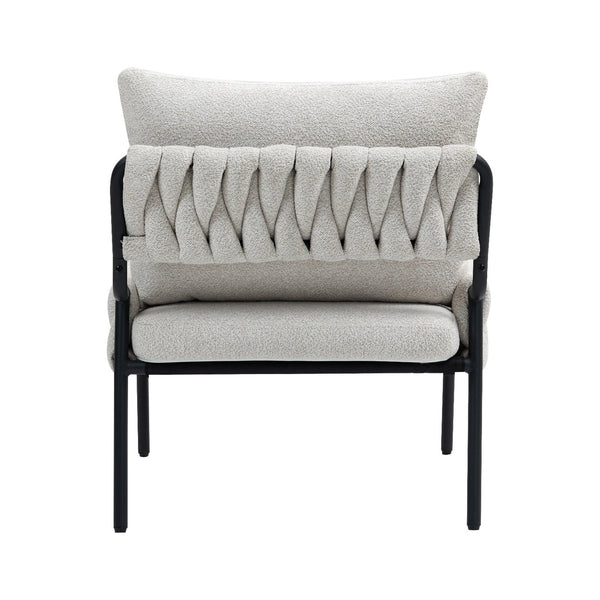 English Elm Modern Accent Lounge Chair with Braided Fabric Upholstery, Ergonomic Backrest, Plush Cushioning, Metal Frame, Adjustable Feet - Stylish Living Room Armchair Beige W2215P252349