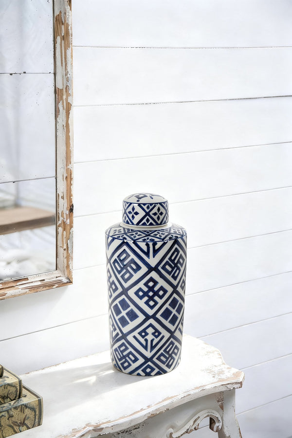 English Elm D6.3x13.8" Valora Blue and White Cylinder Jar — Glossy Geometric Tabletop Vase with Rounded Lid, Chic Decor W2078P390501