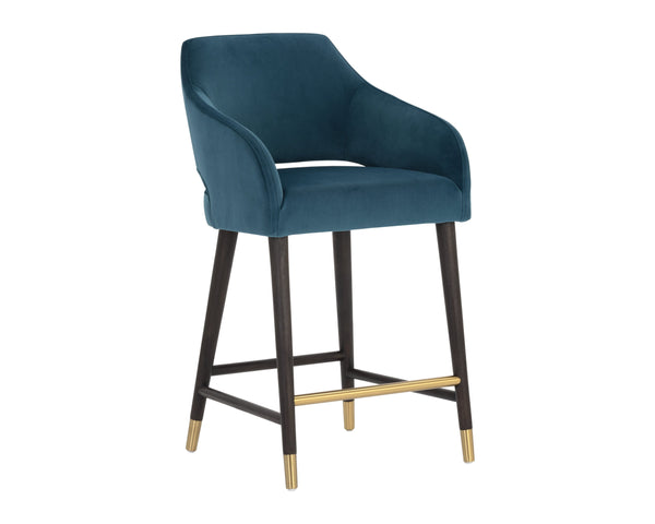 Sunpan Adelaide Counter Stool - Elegant Design with Sloping Arms and Antique Brass Caps for Modern Spaces Timeless Teal