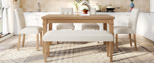 English Elm 6-piece Rectangular Dining Set with Wood Grain Table Four Upholstered Chairs and Bench Natural N752S000012N