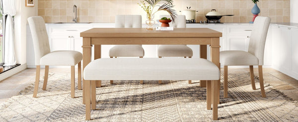 English Elm 6-piece Rectangular Dining Set with Wood Grain Table Four Upholstered Chairs and Bench Natural N752S000012N